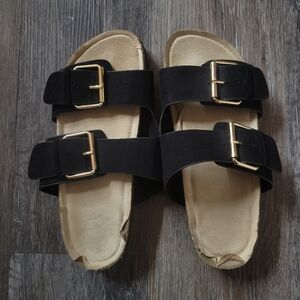 Call It Spring - Black Sandals w/ Gold Buckles